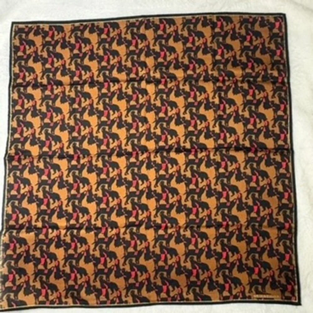 Vtg BURBERRY Scarf Handkerchief Dog Motif Tan Black Red 19